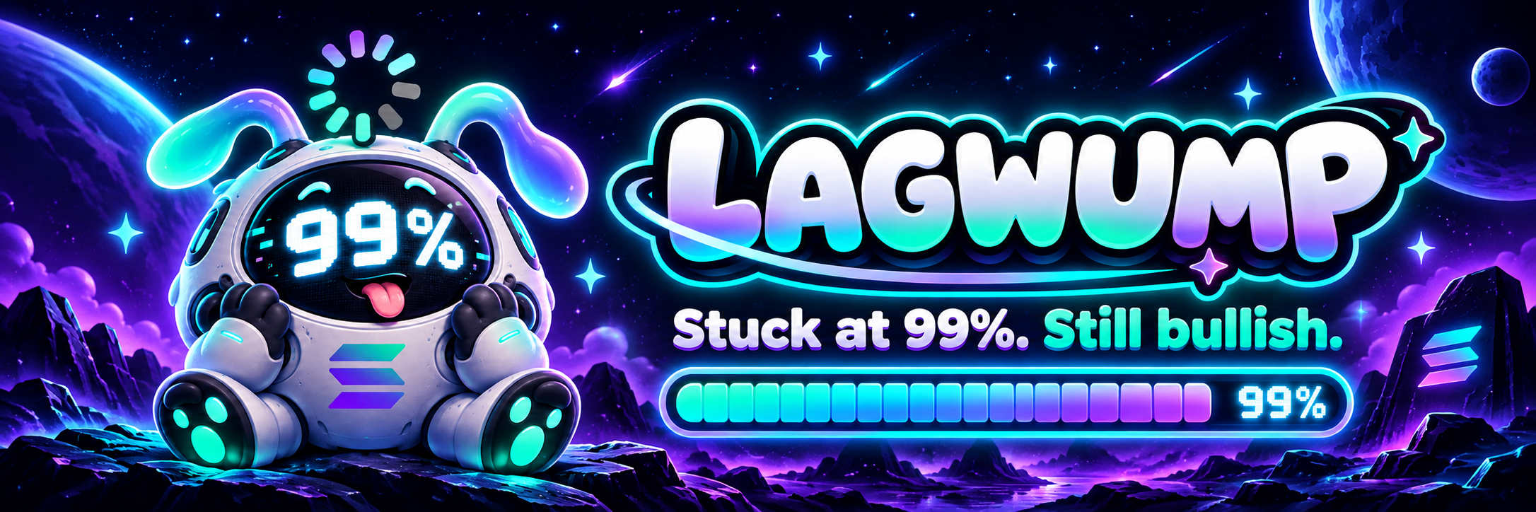 LAGWUMP in a neon cosmic landscape. Stuck at 99%. Still bullish.
