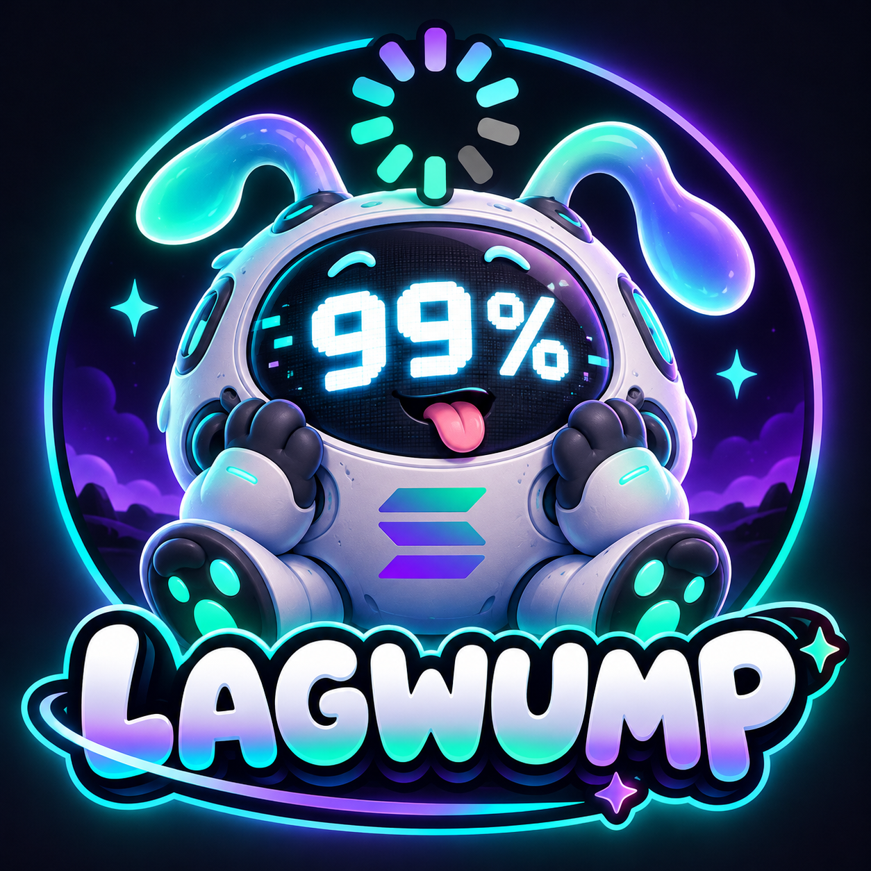LAGWUMP, a glowing turquoise and purple AI creature with a face displaying 99%